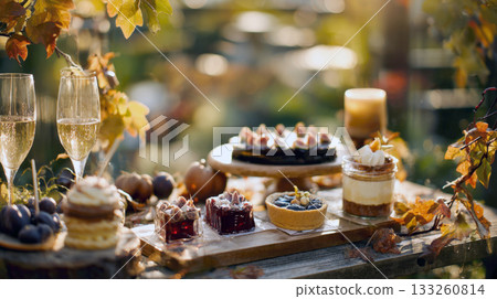 Golden Hour Garden Indulgence: A Rustic Autumn Dessert Spread Featuring Champagne, Cake, Tarts, and Festive Foliage 133260814