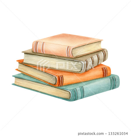 Stack of books an old cover, yellowed pages. Set of literature, pile of textbook for education. Encyclopaedia bestseller. Watercolor illustration in vintage style. Clipart for back to school design Stack of books an old cover, yellowed pages. Set of literature, pile of textbook for education. Encyclopaedia bestseller. Watercolor illustration in vintage style. Clipart for back to school design 133261034