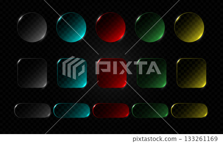 Glass color geometric crear glossy button design set collection on dark checkered background vector 133261169