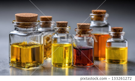 Essential Elixirs: A Collection of Natural Oils and Aromatherapy Solutions in Glass Vials with Cork Stoppers, Featuring Vibrant Golden and Amber Hues for Wellness, Skincare, and Fragrance Applications 133261272