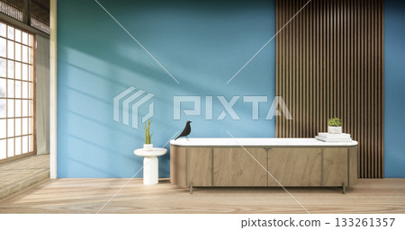 Mockup Empty cabinet shelf in blue room minimal with modern wood panels wall background 3D illustration rendering 133261357