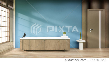 Mockup Empty cabinet shelf in blue room minimal with modern wood panels wall background 3D illustration rendering Mockup Empty cabinet shelf in blue room minimal with modern wood panels wall background 3D illustration rendering 133261358