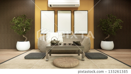 living rooom japanese on Modern room interior wabisabi style.3D rendering living rooom japanese on Modern room interior wabisabi style.3D rendering 133261385
