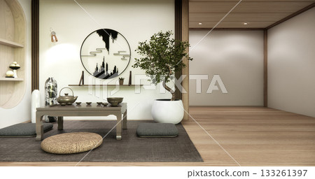 living rooom japanese on Modern room interior wabisabi style.3D rendering living rooom japanese on Modern room interior wabisabi style.3D rendering 133261397