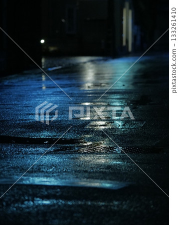 雨水浸透的道路在夜色中被燈光照亮 133261410
