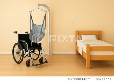 Nursing lift sling standby state and wheelchair | Indoor scene of welfare equipment Nursing lift sling standby state and wheelchair | Indoor scene of welfare equipment 133261565
