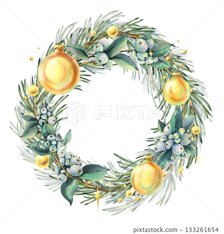 A Christmas wreath of pine branches and snowberries with golden baubles, beads, and glitter. Hand-drawn watercolor illustration. Curved frame, text template, winter, New Year's composition. 133261654