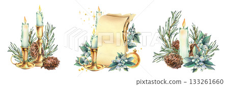 Burning candles in candlesticks with pine branches, pine cones, snowberries, and a papyrus sheet for writing. Hand-drawn watercolor illustration. Set of Christmas, New Year, and winter compositions. 133261660