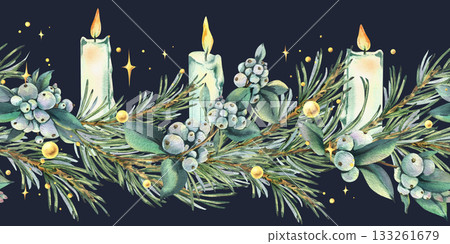 A seamless border of pine branches, snowberry sprigs, burning candles, gold beads, and shimmering night air. Hand-drawn watercolor illustration. A Christmas and winter pattern for decor and design. A seamless border of pine branches, snowberry sprigs, burning candles, gold beads, and shimmering night air. Hand-drawn watercolor illustration. A Christmas and winter pattern for decor and design. 133261679