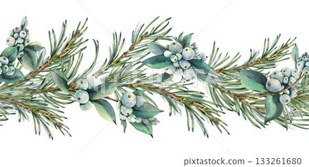 A seamless border pattern of pine branches with snowberry branches bearing white berries and green leaves. Hand-drawn watercolor illustration. A Christmas and winter composition for decor and design. A seamless border pattern of pine branches with snowberry branches bearing white berries and green leaves. Hand-drawn watercolor illustration. A Christmas and winter composition for decor and design. 133261680
