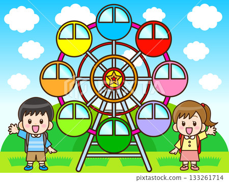 遊樂園裡孩子們在摩天輪上玩耍的插畫素材 遊樂園裡孩子們在摩天輪上玩耍的插畫素材 133261714