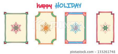 Holiday frame, snowflake shape set. Hand drawn decorative doodle ink brush stroke corner, modern calligraphic freehand grunge line. Rectangle isolated geometric background. Cute vector illustration 133261748