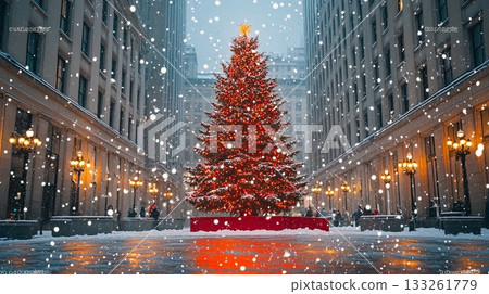 A Christmas tree at the center of a city plaza, surrounded by snow and holiday cheer . 133261779