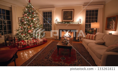 A cozy living room with a Christmas tree adorned with twinkling lights, soft-focus fireplace in the background . A cozy living room with a Christmas tree adorned with twinkling lights, soft-focus fireplace in the background . 133261811