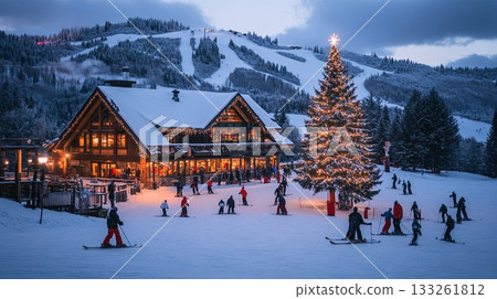 A cozy lodge with a Christmas tree inside, snowy hills outside with skiers enjoying the slopes . A cozy lodge with a Christmas tree inside, snowy hills outside with skiers enjoying the slopes . 133261812