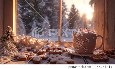 A cozy mug of hot cocoa with peppermint, surrounded by gingerbread cookies and snow-covered trees outside the window . A cozy mug of hot cocoa with peppermint, surrounded by gingerbread cookies and snow-covered trees outside the window . 133261814