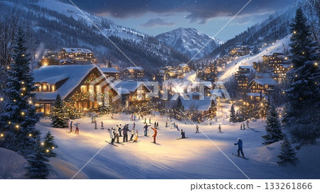 A group of skiers celebrating with hot cocoa, a snowy mountain village in the background, Christmas lights everywhere . A group of skiers celebrating with hot cocoa, a snowy mountain village in the background, Christmas lights everywhere . 133261866