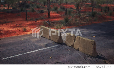 A stark road block interrupts the smooth asphalt, surrounded by the rich red earth of the Australian outback and scattered vegetation under the bright midday sun. A stark road block interrupts the smooth asphalt, surrounded by the rich red earth of the Australian outback and scattered vegetation under the bright midday sun. 133261988
