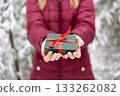 girl faceless in red jacket holding in hands Gift green box with red ribbon against snowy spruce tree in winter forest Christmas and New Year holidays present 133262082