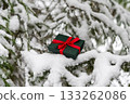 Gift in green box with red ribbon on snowy spruce tree in winter forest Christmas background and New Year holidays 133262086