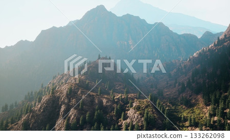 In the early morning light, towering mountains rise majestically above dense forests. Mist clings to the rocky terrain, revealing the beauty of nature in an untouched wilderness. 133262098