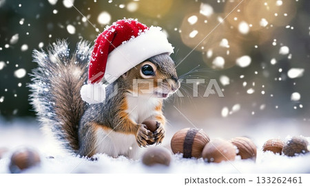 Baby squirrel with a Santa hat, collecting acorns in the snow . 133262461