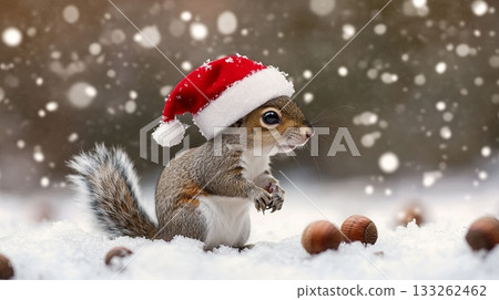 Baby squirrel with a Santa hat, collecting acorns in the snow . Baby squirrel with a Santa hat, collecting acorns in the snow . 133262462