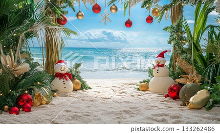Beach Christmas party setup, sand snowmen, tropical decorations, ocean backdrop . 133262486