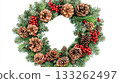 Beautiful holiday wreath made of pinecones and berries . 133262497