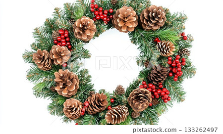 Beautiful holiday wreath made of pinecones and berries . Beautiful holiday wreath made of pinecones and berries . 133262497