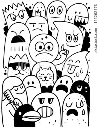 Cartoon doodle faces, black and white, various emotions, playful, expressive, hand drawn 133262578