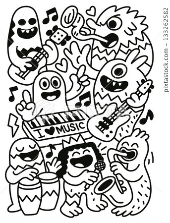 Cartoon monster band playing guitar, keyboard, saxophone, drums, singing, joyful music scene Cartoon monster band playing guitar, keyboard, saxophone, drums, singing, joyful music scene 133262582