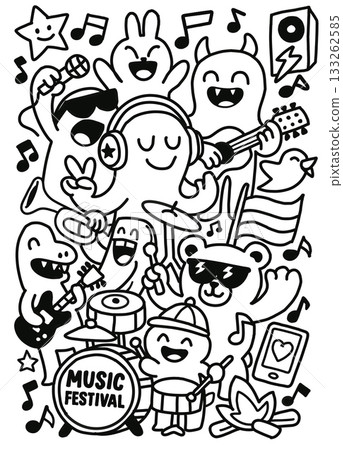 Music festival cartoon, happy characters playing guitar, drums, trumpet, singing, joyful scene 133262585