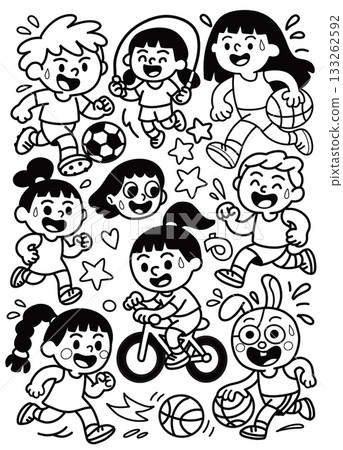 Happy children playing soccer, basketball, skipping rope, riding bicycle, cartoon style 133262592