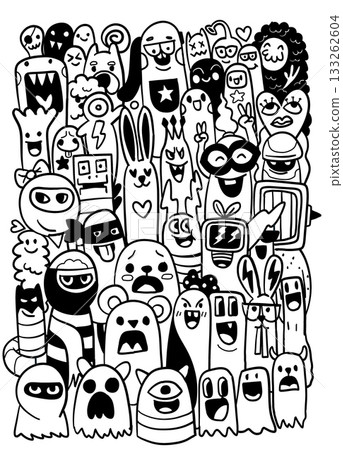 Cartoon doodle monster black and white group happy funny cute playful creative art 133262604
