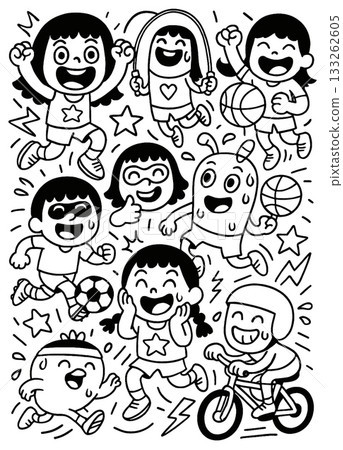 Happy children playing sports, jumping, cycling, and laughing, cartoon style, black and white 133262605