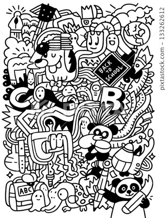 Back to school doodle, cartoon animal, black and white, playful, creative, fun, education Back to school doodle, cartoon animal, black and white, playful, creative, fun, education 133262612