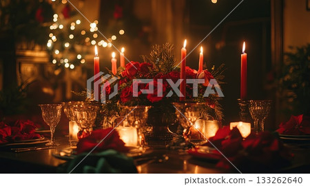 Candlelit dinner for Christmas Eve, red and green accents . Candlelit dinner for Christmas Eve, red and green accents . 133262640