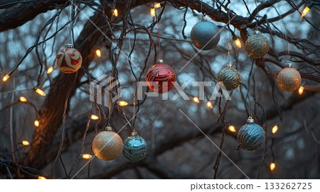 Christmas ornaments hanging from tree branches, soft glow of lights . 133262725