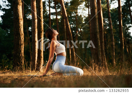 Peace and quiet, sitting. Woman is doing yoga fitness exercises in the forest Peace and quiet, sitting. Woman is doing yoga fitness exercises in the forest 133262935