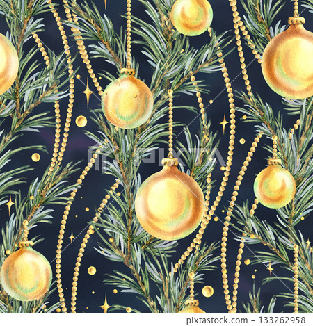 Seamless pattern with pine branches, golden baubles, and beads. Vertical garlands on a dark. Hand-drawn watercolor illustration. Christmas and New Year's winter ornament for decor and design. 133262958