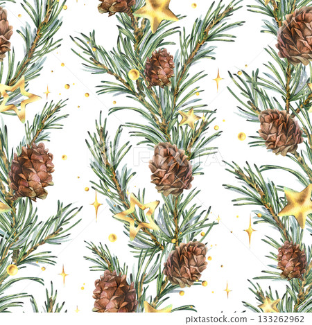 A seamless pattern with pine branches and cones, golden stars, and beads in vertical garlands. Hand-drawn watercolor illustration. A Christmas, New Year, and winter ornament for decor and design. A seamless pattern with pine branches and cones, golden stars, and beads in vertical garlands. Hand-drawn watercolor illustration. A Christmas, New Year, and winter ornament for decor and design. 133262962
