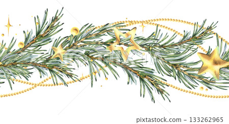 A seamless border pattern of pine branches with Christmas twinkles, gold stars, and hanging beads. Hand-drawn watercolor illustration. A Christmas and winter composition for decor and design. A seamless border pattern of pine branches with Christmas twinkles, gold stars, and hanging beads. Hand-drawn watercolor illustration. A Christmas and winter composition for decor and design. 133262965