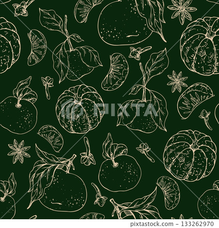 A hand-drawn line art seamless pattern with tangerines, cloves, and star anise. This minimalist graphic illustration is perfect for Christmas packaging, mulled wine labels, and festive textile design. A hand-drawn line art seamless pattern with tangerines, cloves, and star anise. This minimalist graphic illustration is perfect for Christmas packaging, mulled wine labels, and festive textile design. 133262970
