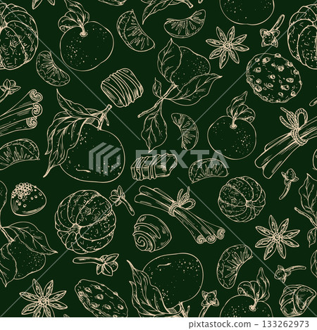 Hand-drawn line art seamless pattern with Christmas sweets, tangerines, cinnamon and spices. This festive graphic design is perfect for holiday gift wrap, seasonal branding and confectionery packaging Hand-drawn line art seamless pattern with Christmas sweets, tangerines, cinnamon and spices. This festive graphic design is perfect for holiday gift wrap, seasonal branding and confectionery packaging 133262973