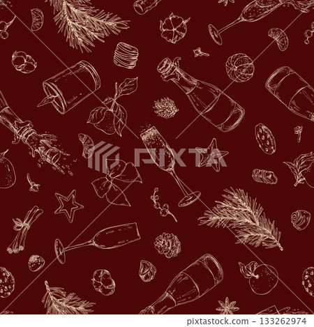 Hand-drawn line art seamless pattern with champagne, pine cones, cookies and tangerines on a red background. Festive graphic design for New Year wrapping paper, holiday branding and party decoration. Hand-drawn line art seamless pattern with champagne, pine cones, cookies and tangerines on a red background. Festive graphic design for New Year wrapping paper, holiday branding and party decoration. 133262974