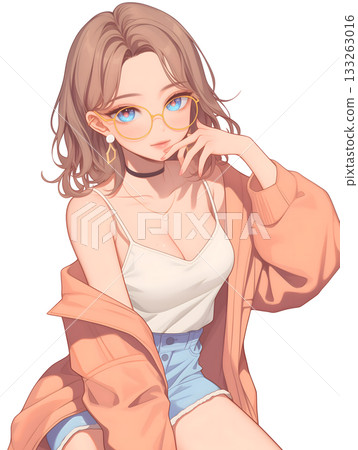 動漫風格的插畫，描繪了一位戴著眼鏡、穿著時尚模特兒裝束的年輕女子（AI生成圖像）。 133263016