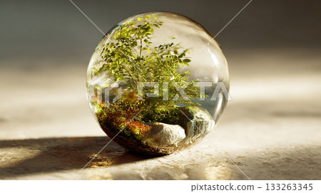Tree reflected in a transparent glass ball 133263345