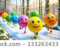 Run on winter nature.Cheerful,energetic smileys are jogging in forest. 133263433