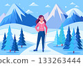 Nice young woman with walking stick walks in winter forest in mountains 133263444